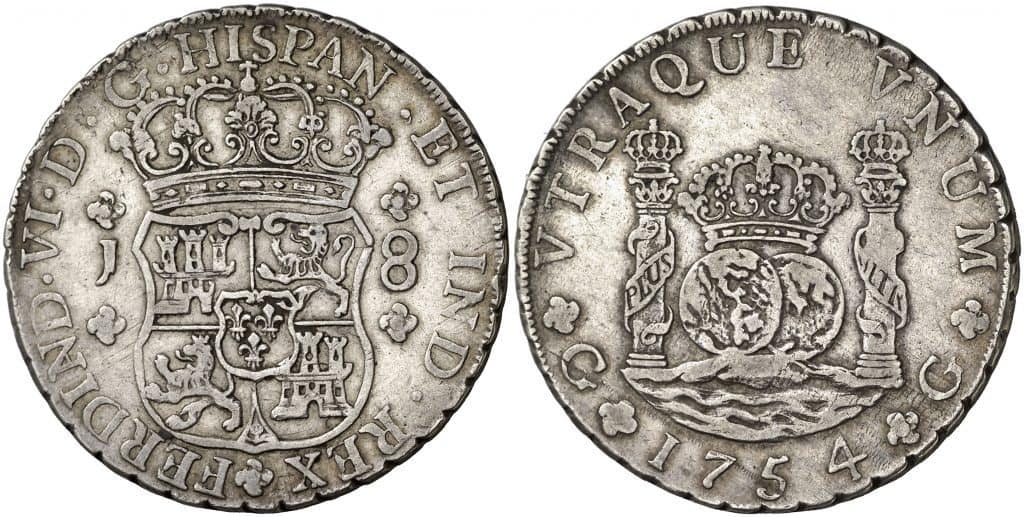 columnario acuñado a volante entre el periodo 1754 y 1771, 8 reales Guatemala