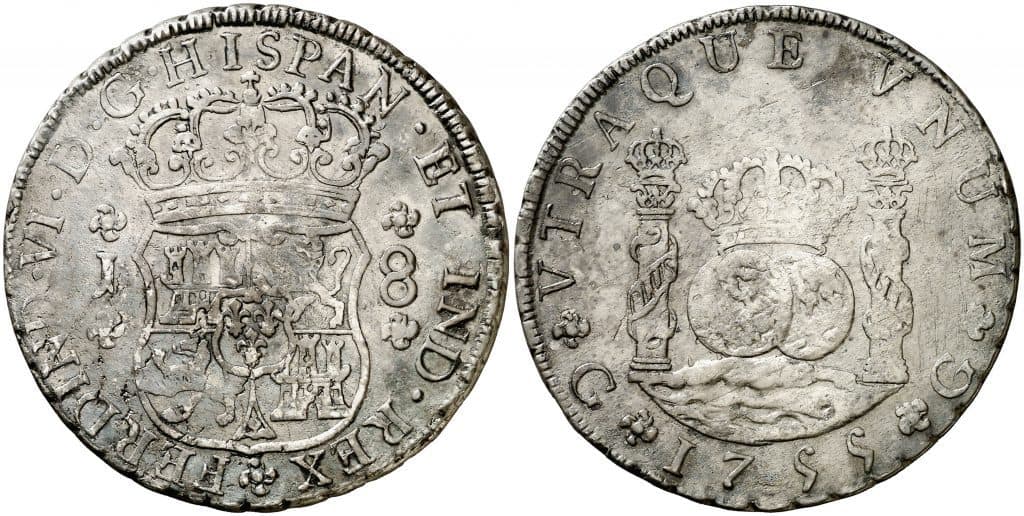 columnario acuñado a volante entre el periodo 1754 y 1771, 8 reales Guatemala