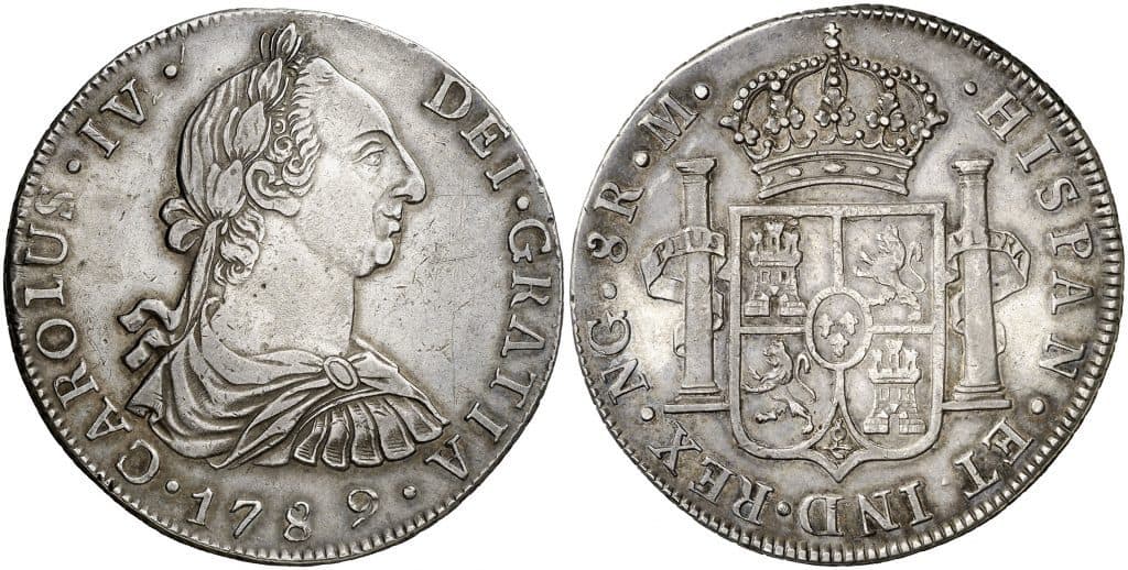8 reales de Guatemala, con el busto de Carlos III pero indicando “CARLOUS IV”