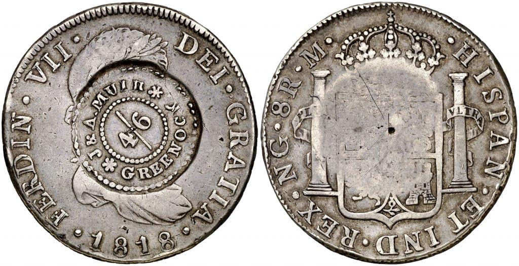 8 reales Guatemala, 1818 con un resello de la empresa inglesa James y Andrew Muir