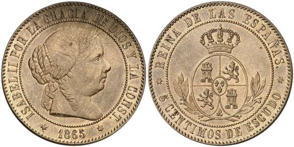 5 céntimos de escudo 1865 sin OM