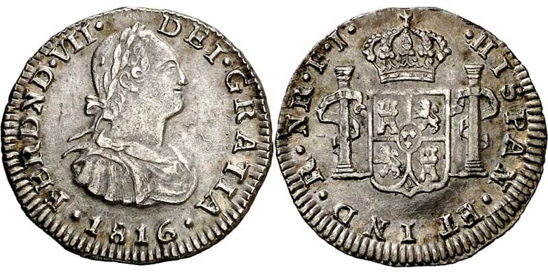Fernando VII (busto de Carlos IV). 1/2 real 1816, Santa Fe de Nuevo Reino.
