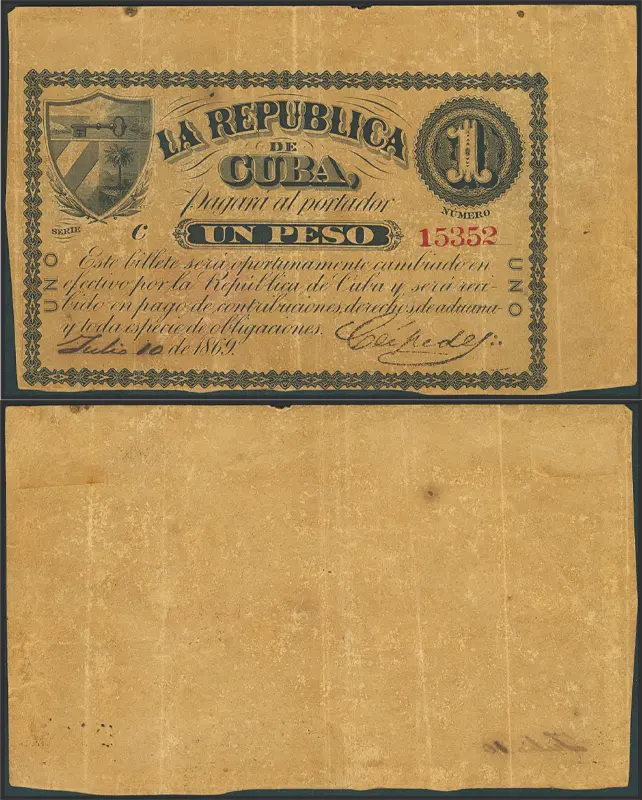 Cuba 1 peso 1869 Republic banknote with Céspedes signature stamp