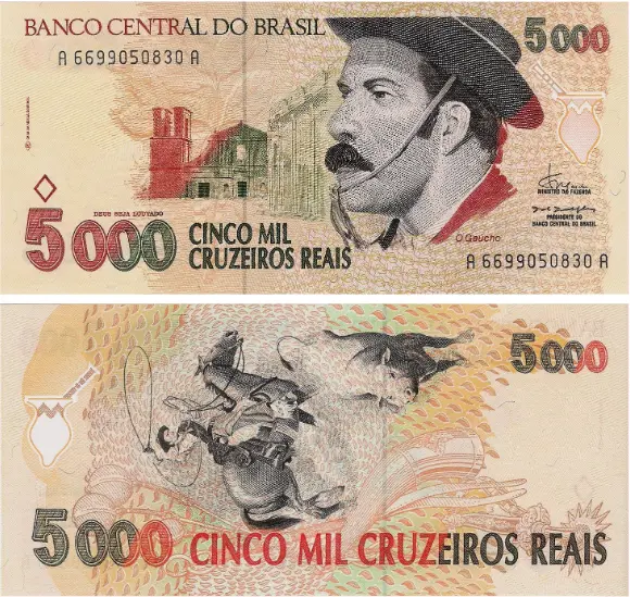 Brazil 5,000 cruzeiros reais Gaucho banknote obverse and reverse