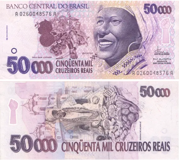 Brazil 50,000 cruzeiros reais Baiana banknote obverse and reverse